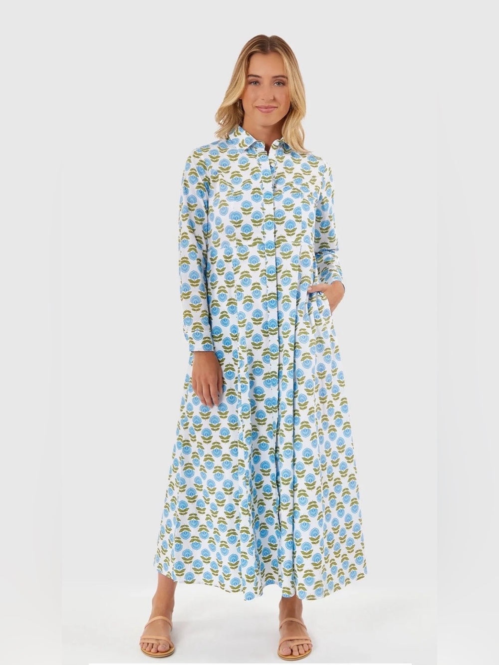 Button-Front Floral Maxi Dress in Blue and Green